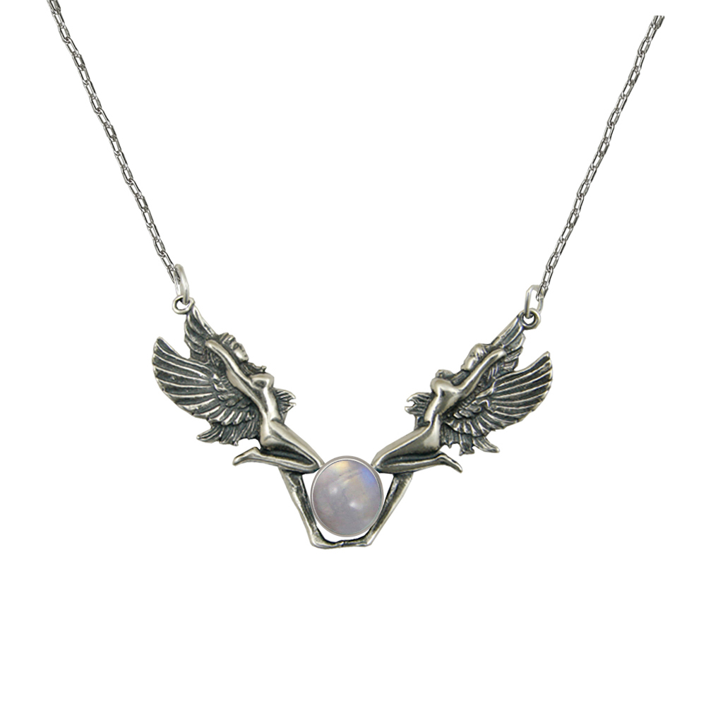 Sterling Silver Double Fairies Necklace With Rainbow Moonstone